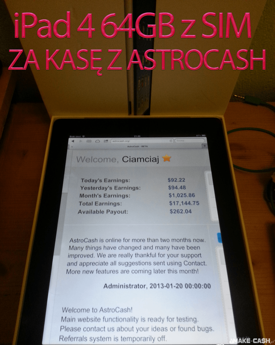 iPad 4 64gb z karta za kasę z Astrocash.org :)