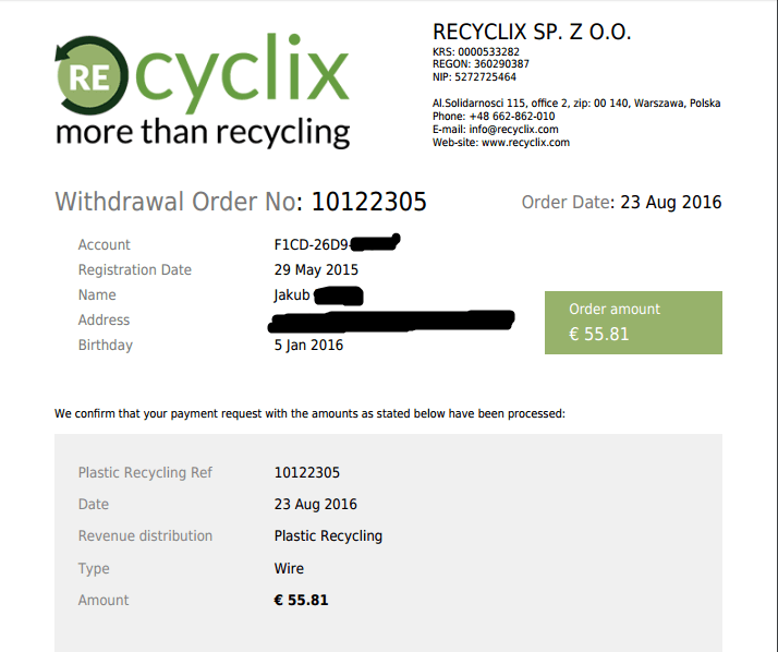 Recyclix - kolejna wypłata