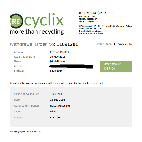 recyclix - kolejne 100 euro