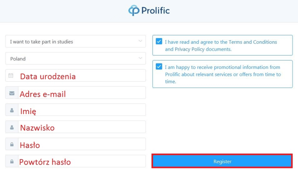 prolific rejestracja