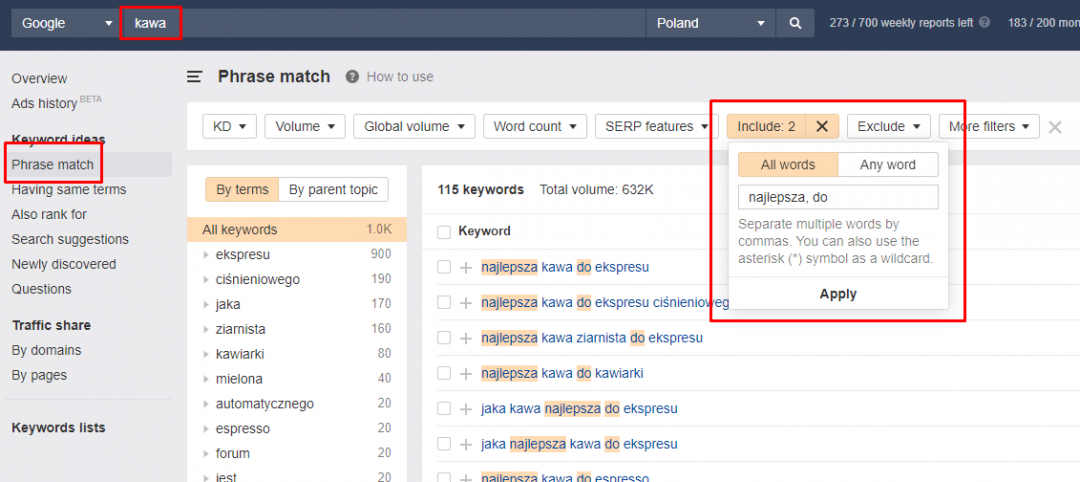 jak wyszukać słowa kluczowe pp