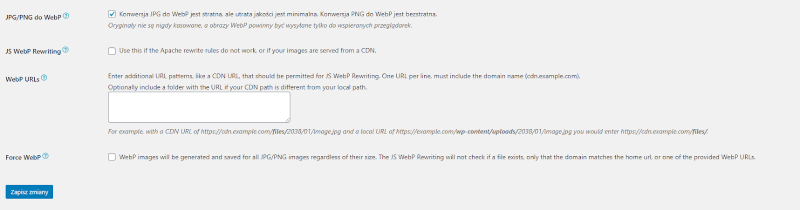 EWWW Image Optimizer - konfiguracja wtyczki - webp format grafik