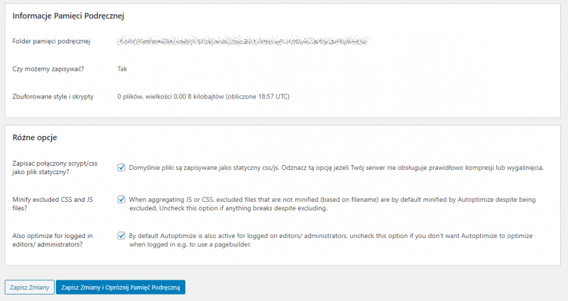 Autoptimize - konfiguracja wtyczki - pamięć podręczna