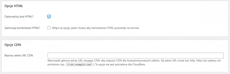 Autoptimize - konfiguracja wtyczki - opcje HTML