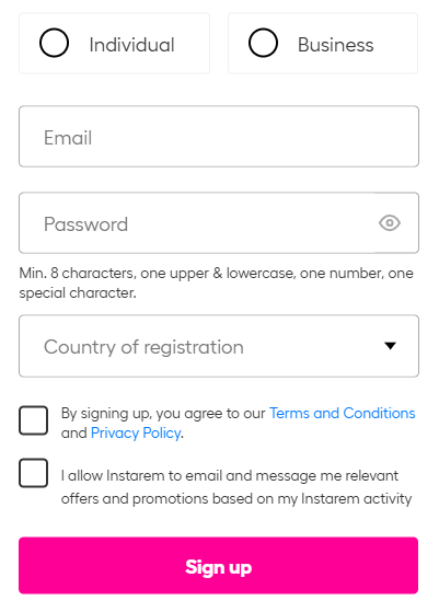 Instarem - rejestracja