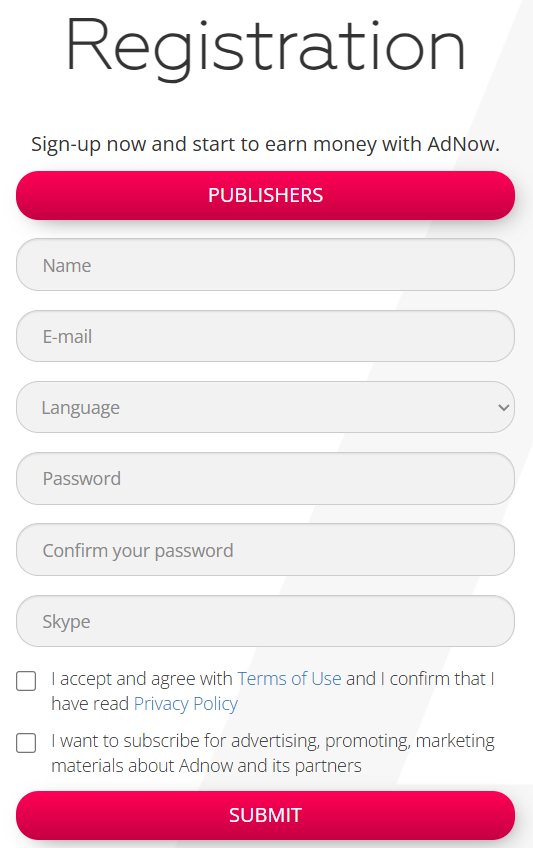 adnow.com - formularz rejestracyjny