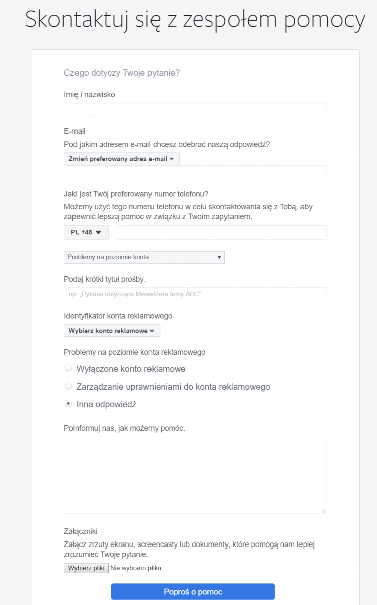 kontakt z facebookiem - formularz kontaktowy mety