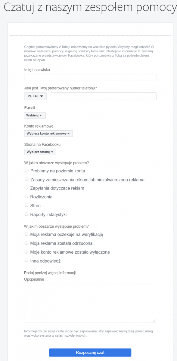 czat z zespołem pomocy mety - czat z facebookiem