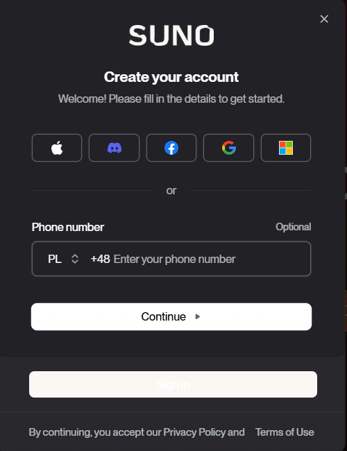 suno.com - rejestracja konta