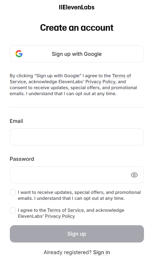 elevenlabs - rejestracja konta