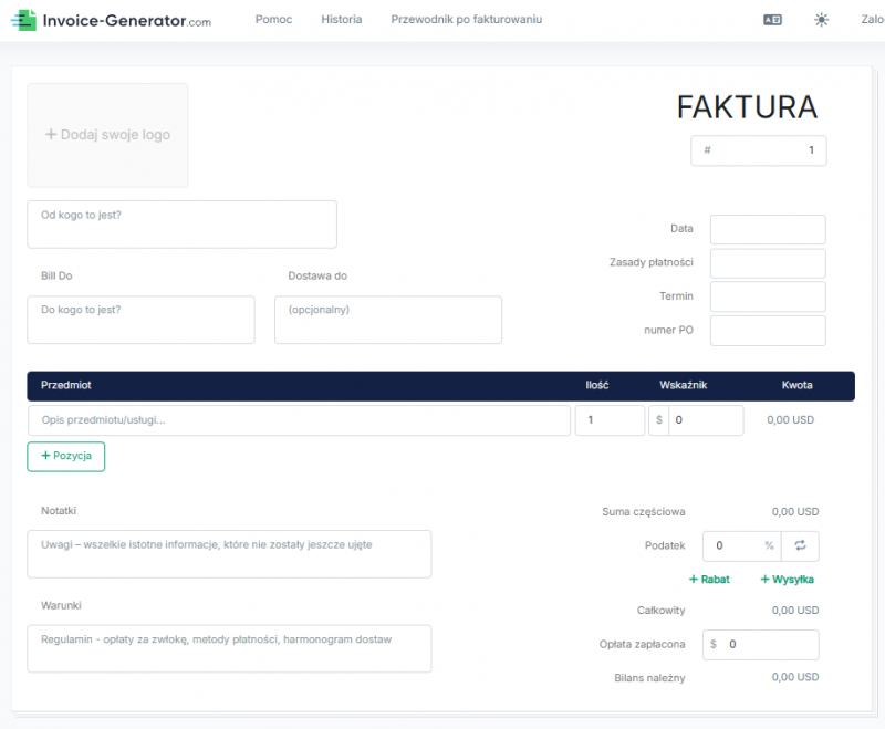 invoice-generator.com - wzór formularza do generowania faktury