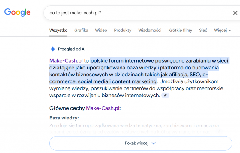 Przykład odpowiedzi GEO - przegląd od AI w google