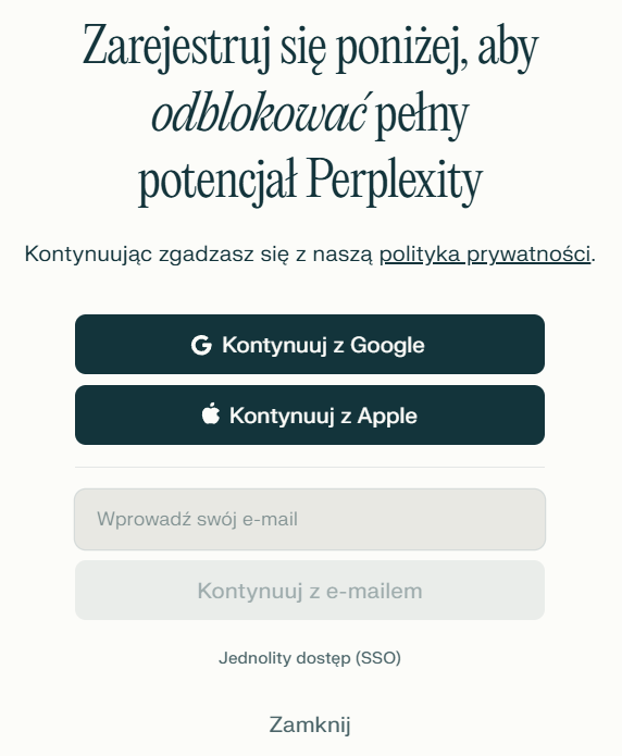 perplexity.ai - rejestracja konta