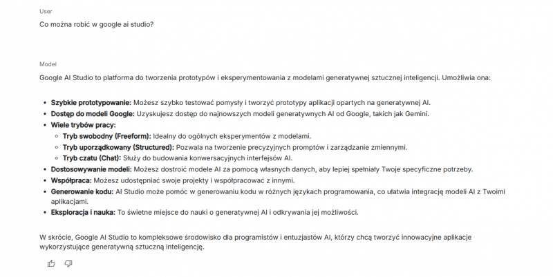 google ai studio - przykład działania