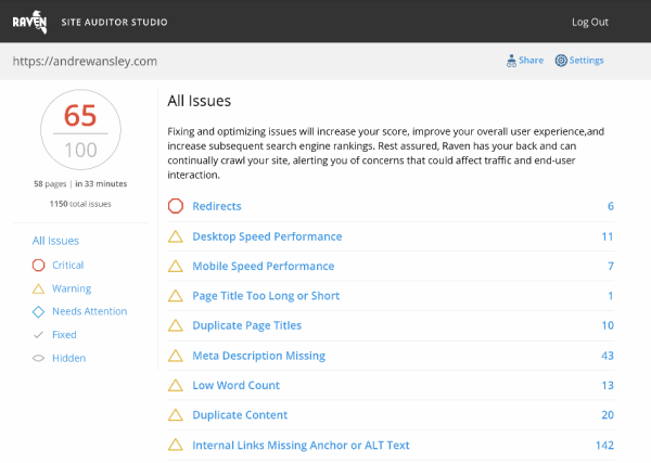 Raven tools - opinia o audycie strony