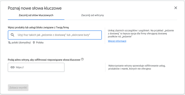 Google planner słów kluczowych
