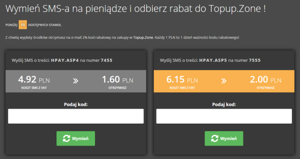 wymiana sms na pieniądze - cennik