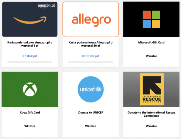 microsoft rewards - bony podarunkowe - wymiana punktów