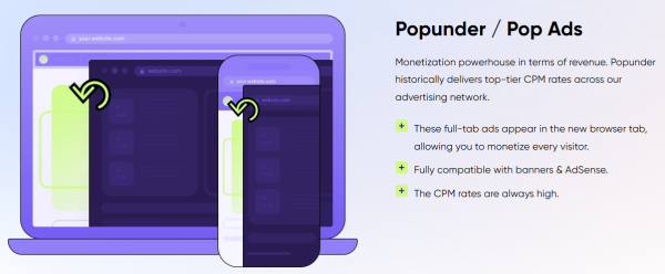 Monetag ads - format popunder i pop ad