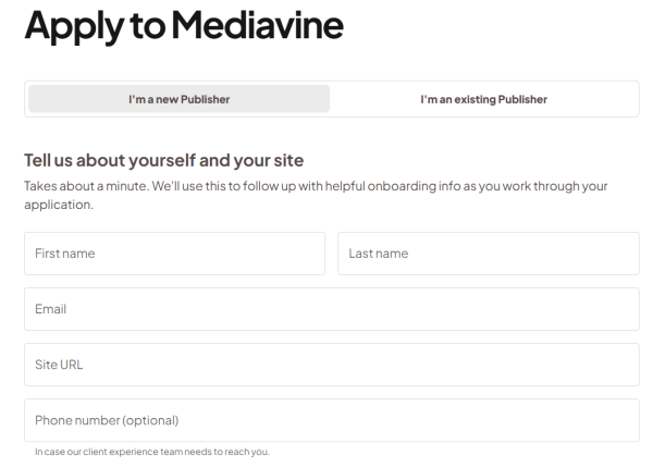 Mediavine - formularz zgłoszeniowy